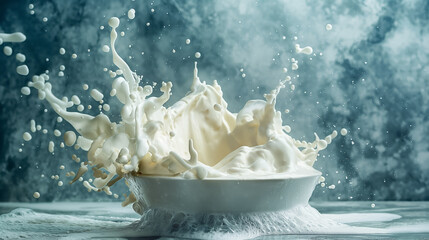Explosive milk splash in a white bowl.