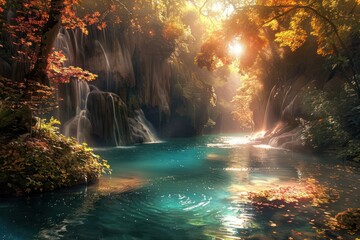 Beautiful waterfall in deep forest at autumn season