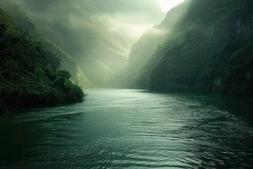 Papier Peint photo Olive verte River in the mountains with fog and sunbeams in the background