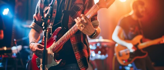 Naklejka premium Musician playing guitar and singing into microphone on stage with band