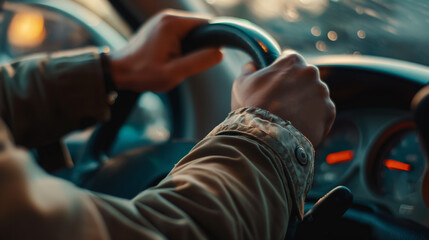 Driver's hands on a steering wheel.