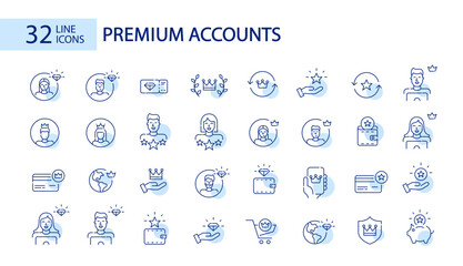 Premium user accounts. Diamond and crown levels. Pixel perfect, editable stroke vector icons