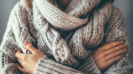 Cozy winter sweater and knitted scarf. - obrazy, fototapety, plakaty