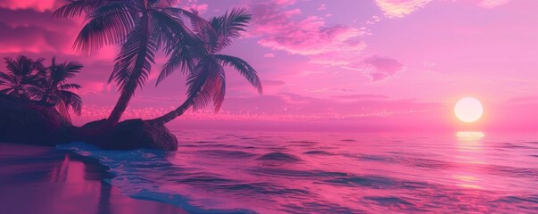 Nostalgic 80s vibe tropical sunset with neon palm trees serene beach atmosphere - obrazy, fototapety, plakaty