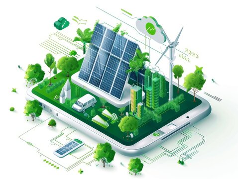 Illustration of sustainable green tech in an eco friendly environment emphasizing ESG and CSR values