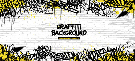 Graffiti background with throw-up and tagging hand-drawn style. Street art graffiti urban theme for prints, banners, and textiles in vector format.  © Themeaseven