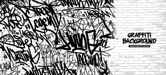 Graffiti background with throw-up and tagging hand-drawn style. Street art graffiti urban theme for prints, banners, and textiles in vector format.
