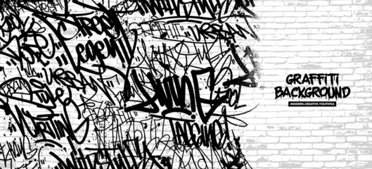 Fototapeten Graffiti Graffiti background with throw-up and tagging hand-drawn style. Street art graffiti urban theme for prints, banners, and textiles in vector format.   © Themeaseven