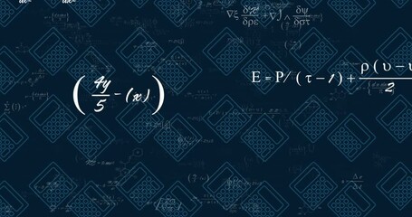 Animation of mathematical data processing over calculators on dark background - Powered by Adobe