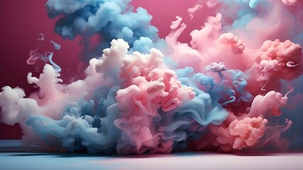 a backdrop of blue and pink with a large amount of white and pink smoke escaping from the bottom of the picture and the bottom right corner of the frame.
