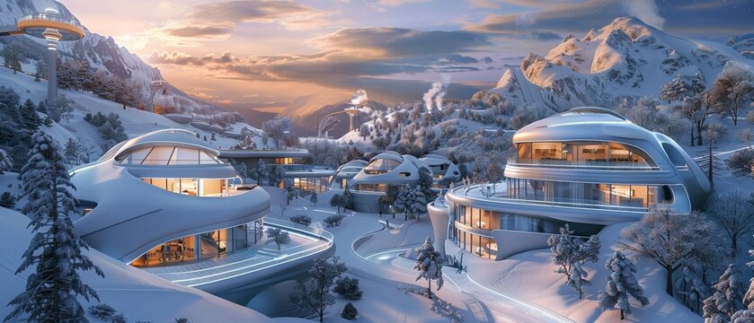 Smart homes integrated into alpine skiing resorts featuring futuristic city designs and space tourism adverts