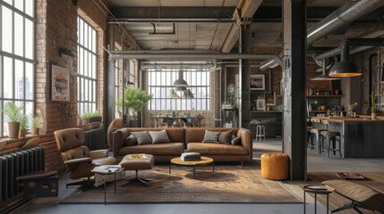This industrial loft is the perfect mix of industrial and bohemian styles with exposed brick walls steel beams and eclectic furnishings. Vintage factory windows offer a unique