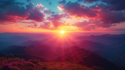 Panoramic view of colorful autumn sunrise in mountains.