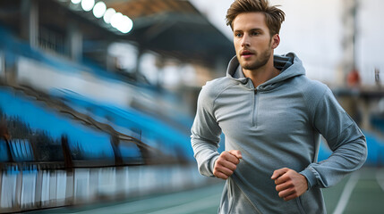 Athletic sporty man in gray training hoodie running outdoors, Generative AI
 - obrazy, fototapety, plakaty