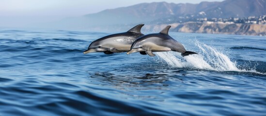 A thrilling display of two majestic dolphins leaping gracefully out of the glistening ocean waves