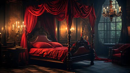 Ornate bed with red canopy and sheets in a cozy, dimly lit room with antique charm - obrazy, fototapety, plakaty