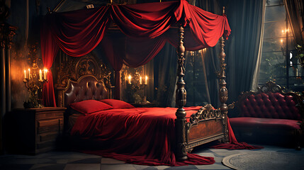 Ornate bed with red canopy and sheets in a cozy, dimly lit room with antique charm