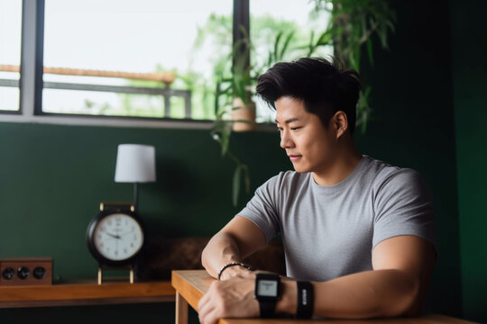 active young Asian man exercising at home, using fitness tracker app on smartwatch to monitor training progress and measuring pulse. keeping fit and staying healthy. health, fitness and technology 