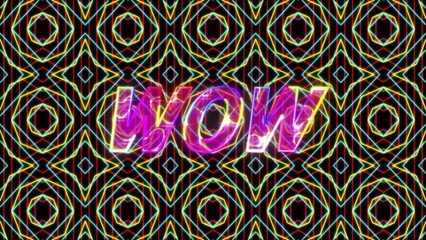 Animation of wow text over kaleidoscope background - Powered by Adobe