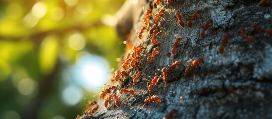 A mesmerizing sight of diligent worker ants crawling on a magnificent tree trunk in the forest