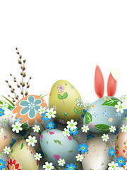 Easter composition in a light blue hue with magnificent eggs, flowers, a willow branch and rabbit ears.
