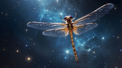 A dragonfly made of pure light, its ethereal form dancing among the stars in a cosmic sky. - obrazy, fototapety, plakaty