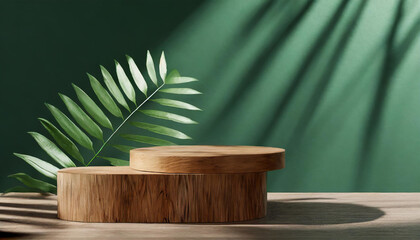 Green Elegance: Wooden Podium Display for Beauty Product Promotion