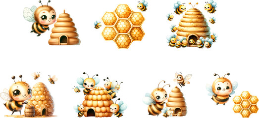 Cute bee with honeycomb cartoon for kids - obrazy, fototapety, plakaty