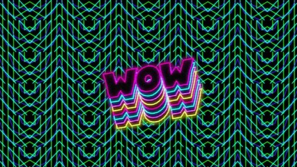Animation of wow text over kaleidoscope background - Powered by Adobe