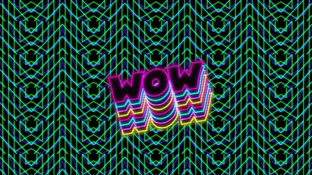 Animation of wow text over kaleidoscope background