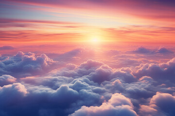 aerial photo of sunrise above the clouds - obrazy, fototapety, plakaty