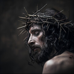 The passion of christ, christ with thorn crown on his head, jesus christ ransom sacrifice, easter holiday. 