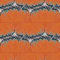 Seamless tropical pattern, gouache painted abstract stylized plants, flower buds and petal texture background, boho style. orange, blue, pink, white colors