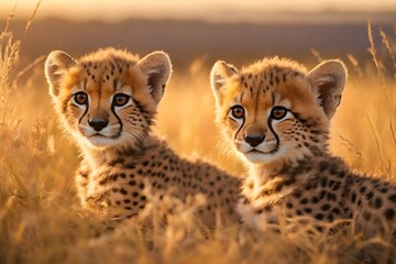 Group of baby cheetahs romp and play amidst the golden grass - obrazy, fototapety, plakaty