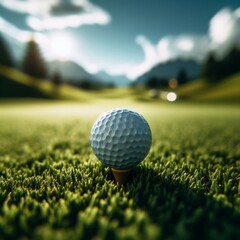 Golf ball sits on tee at the start of long drive, on golf course
