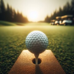 Golf ball sits on tee at the start of long drive, on golf course
 - obrazy, fototapety, plakaty