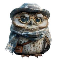 A 3D animated cartoon render of an elegant owl sporting a monocle.