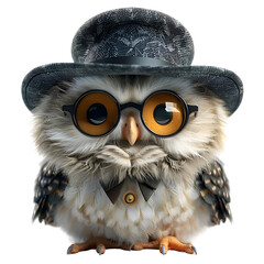 A 3D animated cartoon render of a dapper owl dressed in a top hat and monocle.
