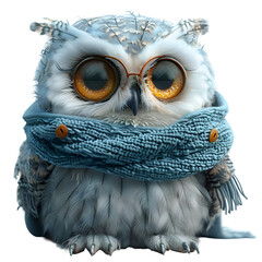 A 3D animated cartoon render of an elegant owl in a fashionable cardigan.