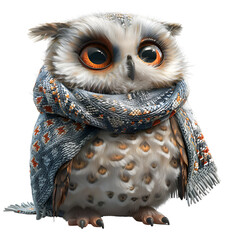 A 3D animated cartoon render of a happy owl in a patterned cardigan.
