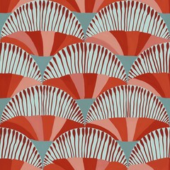 Seamless tropical pattern, gouache painted fan shaped stylized plants, flowers and leaf texture background, boho style. Peach, orange, turquoise, red, pink, white colors