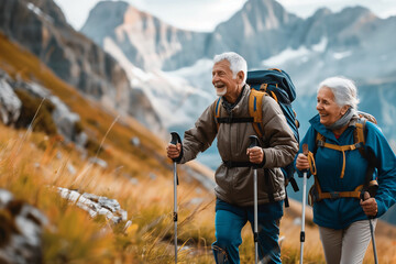 Senior pensioner couple with nordic walking poles hiking in the mountains - obrazy, fototapety, plakaty