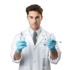 Fototapeta premium A male doctor in a white lab coat and blue gloves is holding two syringes filled with liquid.