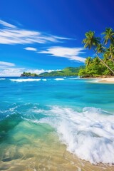 Fototapeta na wymiar Palm trees on the background of the sea and blue sky