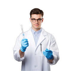 Fototapeta premium A male doctor in a white lab coat and blue gloves is holding two syringes filled with liquid.