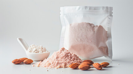 Large pouch of almond whey protein powder, sports eating, healthy