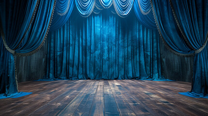 Bright blue stage curtains theater drapes and wooden stage floor background, perfect for theatrical or performance concepts, Generative Ai

 - obrazy, fototapety, plakaty