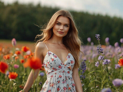 Women in a field of flowers 8K wallpaper Stock Photographic Image
