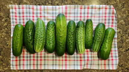 A of bright green crunchy cucumbers freshly picked and rinsed laid out on a checkered kitchen towel ready to be sliced and added to a refreshing summer salad.