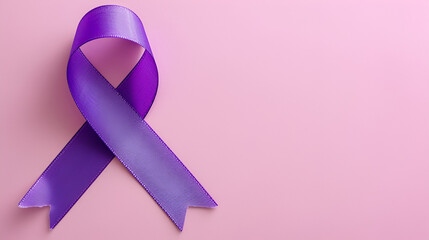 Purple awareness ribbon on lilac background top view, symbol of support and solidarity, Generative Ai

